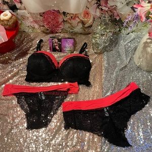 3 Piece Black & Coral Bra & Panties Lingerie Set